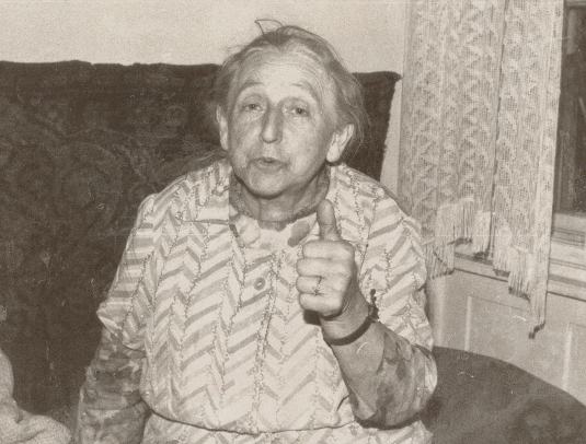 Elizabeth Kindelmann in later life, seated, monochrome photograph